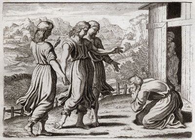 Bible of Royaumont, Starý zákon: Sara concots Isaac. Abraham obdrží tři anděly, kteří Sáře (Sarah) slíbí, že za rok bude mít syna. Ilustrace z roku 1811. od Unknown artist