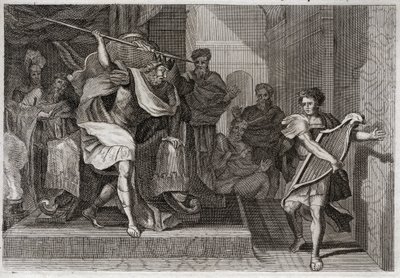 Bible of Royaumont, Starý zákon: Saul chce zabít Davida. Saul plný hněvu a závisti proti Davidovi chce probodnout jeho kopí, když před ním hrál na harfu. Ilustrace z roku 1811. od Unknown artist