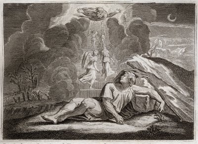 Bible of Royaumont, Starý zákon: Měřítko Jákobovo. Jákob prchající před Ezauovým hněvem žije a spí na tajemném žebříku. Ilustrace z roku 1811. od Unknown artist