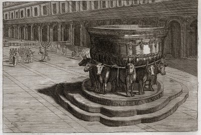 Bible of Royaumont, Starý zákon: Moře drzosti. Litina obvykle nazývá Moře mosazi, aby myla nohy a ruce kněží, když vstoupí do chrámu. Ilustrace z roku 1811. od Unknown artist