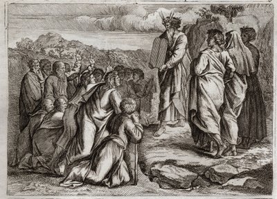 Bible of Royaumont, Starý zákon: Druhé tabulky zákona. Bůh dává Mojžíšovi další tabulky (desatero), které lid přijímá s úctou. Ilustrace z roku 1811. od Unknown artist