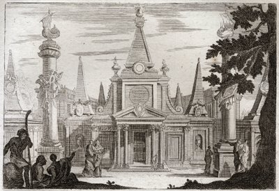 Bible of Royaumont, Starý zákon: Simon Pontiff. Simon Machabee (Maccabee, Macabee) následuje svého bratra Jonathase (Jonathan), postavil velkolepou hrobku pro svého otce a jeho bratry a byl zabit ve zradě. Ilustrace z roku 1811. od Unknown artist