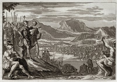 Bible of Royaumont, Starý zákon: Vojáci z Gedeonu. Bůh přikazuje Gedeonovi (Gideonovi), aby vedl všechna svá vojska k řece Jordán, a dává mu znamení, aby rozeznal ty, které měl použít k boji proti Midjáncům. Ilustrace z roku 1811. od Unknown artist