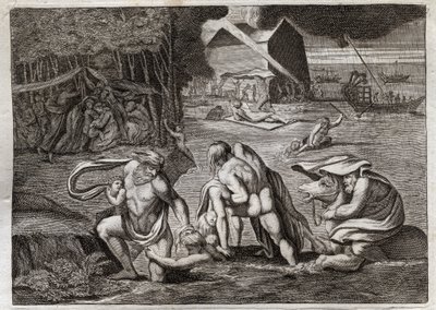 Bible of Royaumont, Starý zákon: Potopa. Potopa zaplavuje celou zemi. Jediná archa zachraňuje ty, kteří v ní byli zavřeni, před tímto potopením. Ilustrace z roku 1811. od Unknown artist