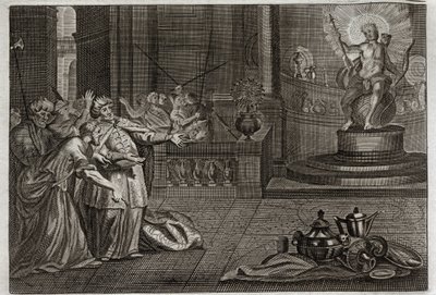 Bible of Royaumont, Starý zákon: Idol Belova. Daniel zničil Belovu modlu a zabil draka, kterého Babyloňané uctívali. Ilustrace z roku 1811. od Unknown artist