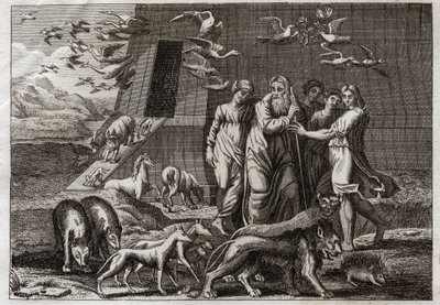 Bible of Royaumont, Starý zákon: Duha. Noe opouští archu a nabízí oběť Bohu, který ji příznivě přijme. Slibuje, že už na Zemi nepošle žádnou potopu. Dává Duhu jako znamení pravdivosti tohoto slibu. Ilustrace ze 181 od Unknown artist