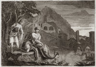 Bible of Royaumont, Starý zákon: Anděl vede Tobieho. Mladého Tobieho děsí ryba (zázračná), která ho chtěla sežrat. Angel Raphael přichází na Boží příkaz, aby ho vedl na cestu, kterou musel podniknout. Ilustrace z roku 1811. od Unknown artist