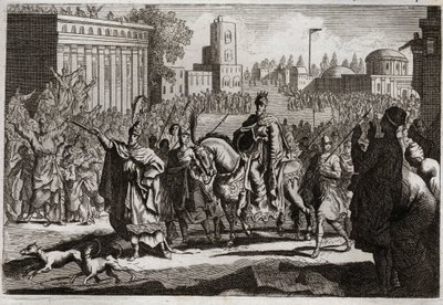 Bible of Royaumont, Starý zákon: Triumph of Mardochee. Aman (Haman) je přinucen králem zveřejnit triumf Mardochee (nebo Mordekhai nebo Mordecai), jeho nepřítele po celém městě Susan (známější jako Susa). Ilustrace z roku 1811. od Unknown artist