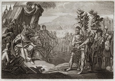 Bible of Royaumont, Starý zákon: Dvanáct špiónů. Mojžíš vyslal dvanáct zvědů, aby uznali zemi Kanaán (země zaslíbená). Nechávají lidi šeptat a Bůh, aby je potrestal tímto reptáním, je ujišťuje, že nikdy nevstoupí na tuto zemi. Illustrati od Unknown artist