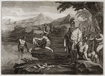 Bible of Royaumont, Starý zákon: Válka o Naaman. Naaman, generál armády syrského krále, přišel najít proroka Elisee, aby se uzdravil z malomocenství. Ilustrace z roku 1811. od Unknown artist