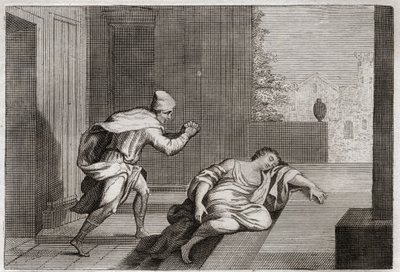 Bible of Royaumont, Starý zákon: Žena z pobouření Levite. Levitova manželka byla nalezena mrtvá ve dveřích poté, co byla zneužita násilníky. Ilustrace z roku 1811. od Unknown artist