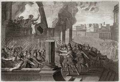 Bible of Royaumont, Starý zákon: Zambri hoří. Zambri, který se vzbouřil proti Elovi, čtvrtému králi Izraele, je obléhán v Therse, kde se s celou svou rodinou upálí ve svém paláci. Ilustrace z roku 1811. od Unknown artist