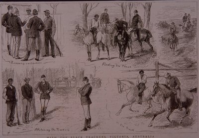 Black Trackers na stopě bushrangers ve Victorii, Austrálie v roce 1881 (rytina) od Unknown artist