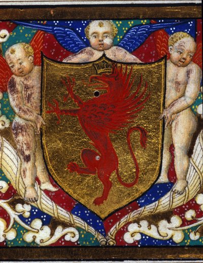 Blazon zdobí griffonovou korunu na zlatém pozadí. Detail miniatury. od Unknown artist