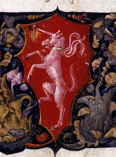 Blazon zdobí jednorožce na červeném pozadí. Detail miniatury. 15. století od Unknown artist