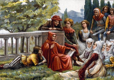 Boccaccio (Boccaccio) čte svým přátelům Dekameron během morové epidemie ve Florencii kolem roku 1348. Chromolitograf z konce 19. století. od Unknown artist