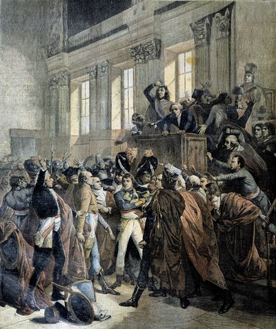 Bonaparte při státním převratu 18 brumaire v komoře Rady pěti centů (Cinq Cents) (salle des 500) v Saint Cloud - v „“Le Petite Journal“, 03/1893 od Unknown artist