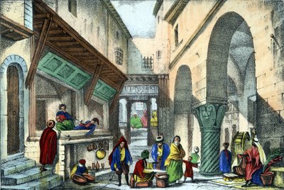 Obchody v ulici v Alžíru. ve „Starověkém a moderním Alžírsku““ od Léona Galiberta. Italské vydání v barvě 1846. od Unknown artist