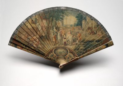 Brisé vějíř s loveckou scénou, cca 1880-1900 (olej na celuloidových čepelích, papírová stuha, umělá želvovina a mosaz) od Unknown artist