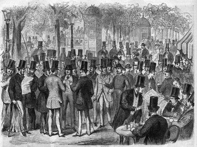 Makléři poblíž malé Bourse du Boulevard des Italians v Paříži, Francie. Gravírování v „The Illustrous Universe“ od Unknown artist