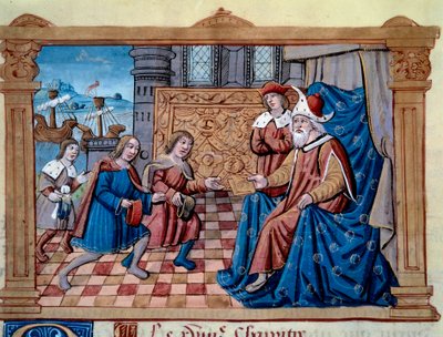 Bratři Nicolo a Matteo Polo, otec a strýc mladého Marca Pola (1254-1324) byli přijati na dvoře Qubilai (Kubilai Khan, první císař mongolské dynastie Yuan (1215-1294), mongolský císař v roce 1271. Miniatura převzato z „“ The B od Unknown artist