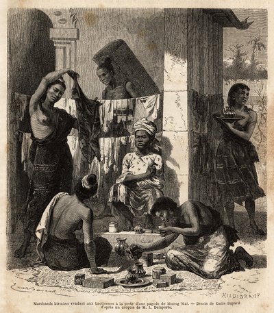 Barmští obchodníci prodávající látky a parfémy laoským ženám u dveří pagody v Muong Mai. Rytina k ilustraci průzkumné cesty v Indočíně od Francise Garniera, poručíka de Vaissseau, v letech 1866-1868, publikovaná v „“ Le tour du mond od Unknown artist