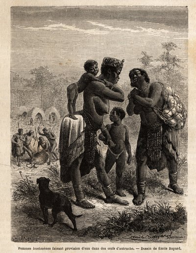 Křováci plní vodu v pštrosích vejcích v doprovodu svých dětí; v pozadí, viděno z vesnice, a muži zabíjející antilopu. Rytina pro ilustraci prvních plaveb Dr. Livingstonea do jižní Afriky v letech 1840 až 1856 v „Le tour du od Unknown artist