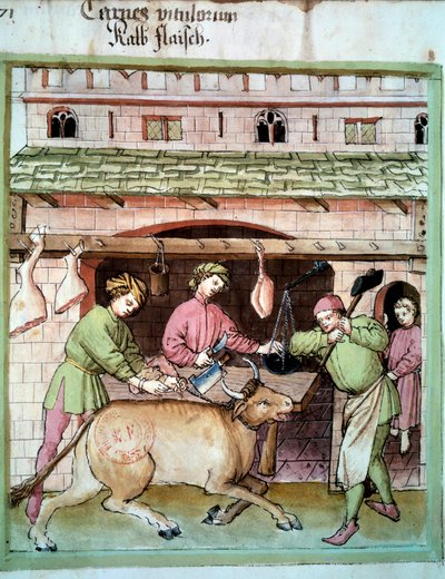 Řeznictví: porážka vola. Osvětlení z dojení medicíny a dietetiky „“Tacuinum sanitatis““ od Unknown artist