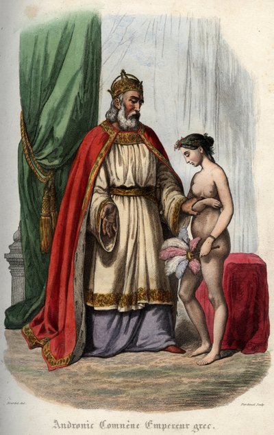 Byzantský císař Andronikos I. Komnenos (nebo Andronicus I. Komnenos (asi 1118-1185) (Andronic I. Comnene) a jeho manželka Agnes Francouzská (1171-1240), která je nucena kvůli orgiím vypadat nahá. Rytina z roku 1842 v „Histoire des papežů“ od Maurice Lachat od Unknown artist