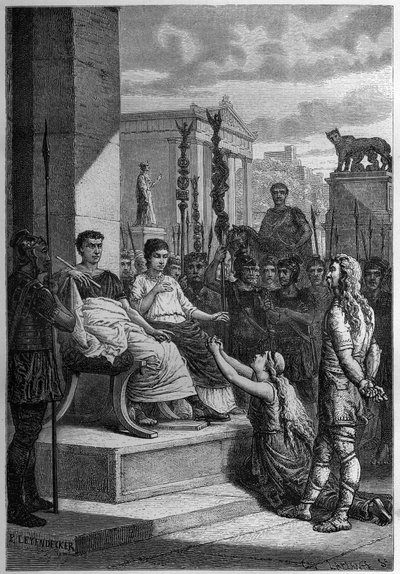 ZAJETÍ CHAMACUS - Caratacus (Caratacos, Caratacus) v zajetí se svou rodinou oslovuje římského císaře Claudia (Claude I) (10 př. nl-54 n. l.) - rytina v „L