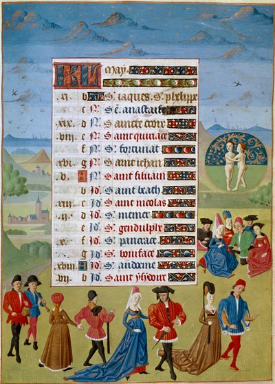 Kalendář: měsíc květen, tance a hry - Miniatura Mistra Jeana Rolina z rukopisu „Hodiny Adelaide Savojské, vévodkyně Burgundské“ 1460-1465 Chantilly, Musee Conde od Unknown artist