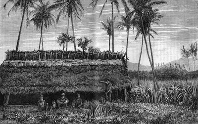 Canaques of New Caledonia (Nová Kaledonie) před boxem nebo shromaždištěm. Gravírování do ""La Nature"" od Unknown artist