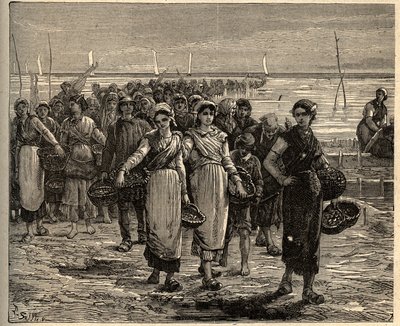 Cancale - Bretaň - Cancalaises vracející se z rybářských lodí - - rytina „“ PATRIE“ - PECTUREQUIREQUE POPIS FRANCIE V 6 SVAZTECH LUCIEN HUARD - konec 19. století od Unknown artist