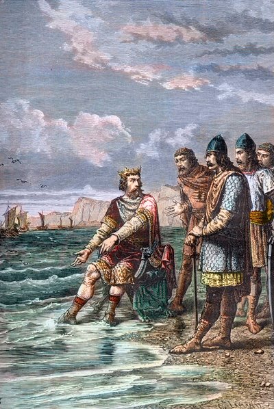 Canute Veliký, přesvědčuje své makléře, že nemá moc zastavit příliv - Král Canut II Veliký (Knud I Veliký) (asi 995-1035), král Anglie od roku 1016, dánský od roku 1018 a norský od roku 1018 1030 - Ukazuje svým dvořanům, že pouze od Unknown artist
