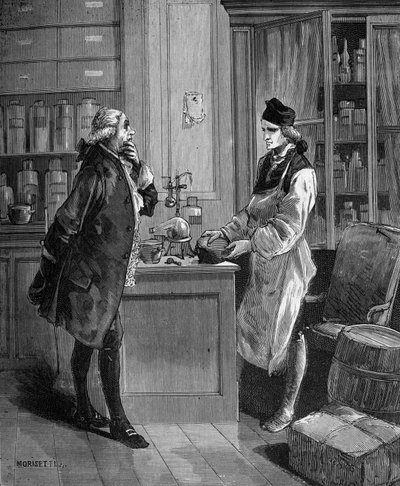 Carl William (Guillaume) Scheele (1742-1788), švédský chemik ve své laboratoři s Tobernem Bergmannem 1735-1784 chemikem. od Unknown artist