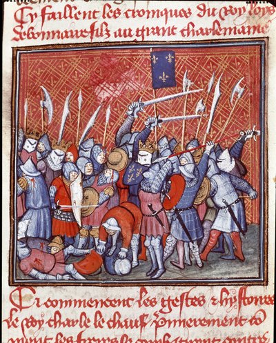 Karolinská dynastie: „“ karolínský král Karel II. říká, že holohlavý (823–877) během bitvy“““ Miniatura převzata z „“ Les grandes Chronicles de France“““ Chantilly ze 14. století, Musee Conde od Unknown artist