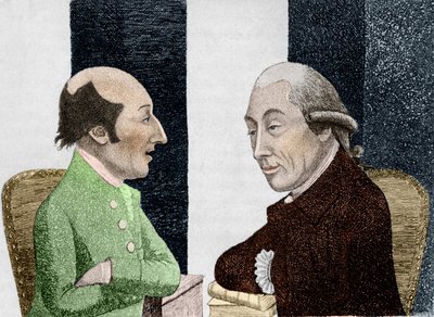 Karikatura Jamese Huttona (1726 - 1797) vlevo a Josepha Blacka (1728 - 1799) vpravo Rytina počátku 19. století od Unknown artist