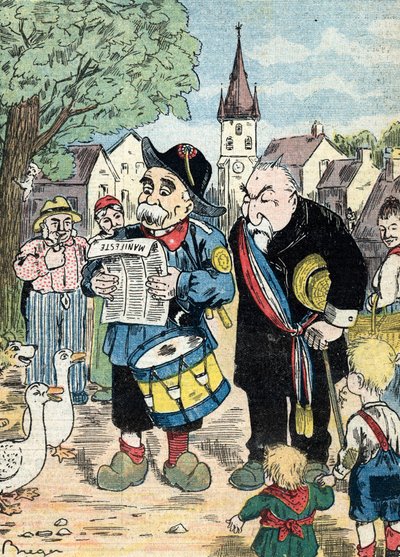 Karikatura představující Georgese Clemenceaua a Emila Combese při společné kampani ve francouzských volbách v roce 1913 (Caricature showing French statesmen Emile Combes and Georges Clemenceau running together for presidential elections of 1913) Il. od Unknown Artist