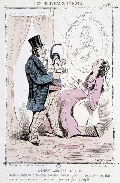 Kočičí daň: „“ Madame Papinardová! Seberte veškerou odvahu. Udělal jsem ti vycpanou kočku, tak alespoň nebudeme platit daň““ - karikatura od Unknown artist