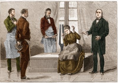 Katalepsie vzniklá pod vlivem zvuku (Diapason). Francouzský neurolog Jean Martin Charcot (1825-1893) (vpravo) při demonstraci hypnózy na pacientovi v nemocnici Salpetriere. Ilustrace převzata z „“Příroda““ 1879 od Unknown artist