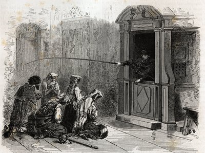 Katoličtí praktikující v modlitbě, přijímající obyčejné pokání, biče spravované knězem z budky. Rytina k ilustraci příběhu Svatého týdne v Římě, v roce 1863, od Ludovica Cellera, v „Le tour du monde, nouveau journal des voyages““ publi od Unknown artist