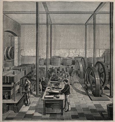 Celuloid: výroba celuloidu. Rytina z roku 1885 v „“Les arts et metiers illustres““ od Adolphe BITARDA. od Unknown artist