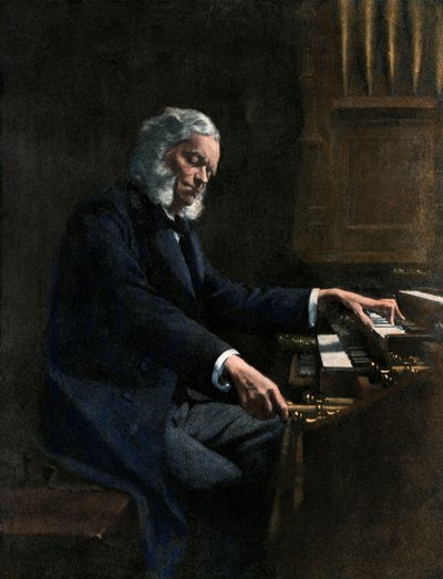 Cesar Franck (1822-1890) hraje na varhany v kostele Saint Clothilde v Paříži (Francie) - Colorisee ilustrace od Unknown Artist