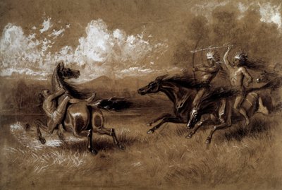 Obvinění z Indiánů na koni proti nepříteli jiného kmene Anonymní kresba z 19. století. La Rochelle, Muzeum Nového světa od Unknown artist