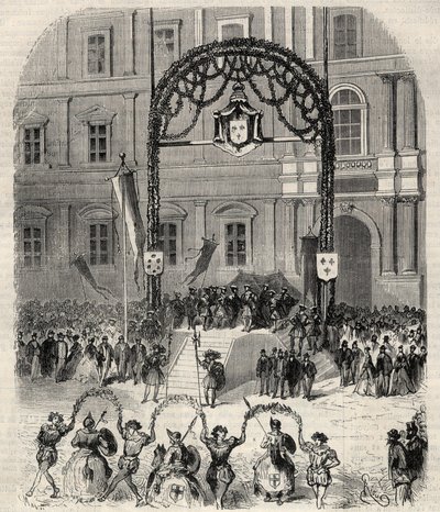 Charitativní hostiny v Marseille připomínající příchod Františka I., kde se setkal s papežem Klementem VII.: farandole dansee místo svatého Ferreola (Saint-Ferreol) před tribunou krále Francoise I. Rytina „“ L