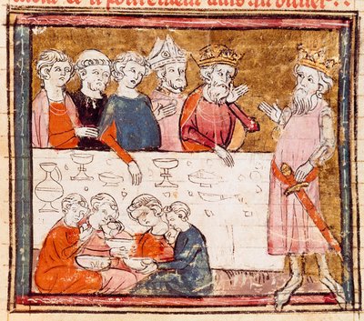Karel Veliký (742-814) a jeho synovec jezdec Roland na banketu, kde chudá miniatura z „“Grandes Chronicles de France”” 1375-1379 Městská knihovna, Castres od Unknown artist