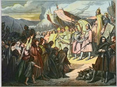 Karel Veliký přijímá Wittekindovu kapitulaci v Paderbornu (785) - Vítězství Karla Velikého (742-814) nad saským ramenem Widukind ze Saska (Wittekind) v roce 785 (Widukind nebo Witikind - Widukind saských válek: germánský vůdce Sasů Widukindits od Unknown artist