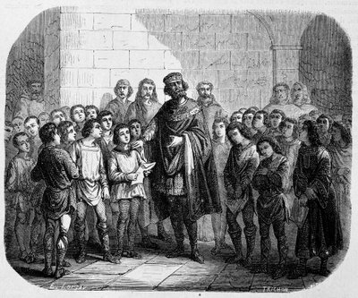 Karel Veliký na návštěvě školy – v „“Dějinách papežů, králů, královen, císařů v průběhu staletí“ od Maurice Lachatre od Unknown artist