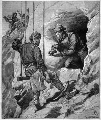 Charles Wiener (1851-1913) francouzský průzkumník a diplomat zkoumající pohřební jeskyni v Peru - rytina v „“ journal des voyages“““ 1887 od Unknown artist
