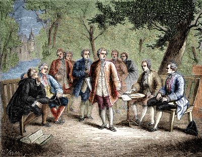 Charles de Secondat Montesquieu s vědeckým večeřadlem na zámku Clairac, Francie - Vědecké večeřadlo zámku de Clairac: Montesquieu a jeho baron de Secondat, rytíř z Vivens, Romas a bratři Dutilhové - v „Album de la Science; já od Unknown artist